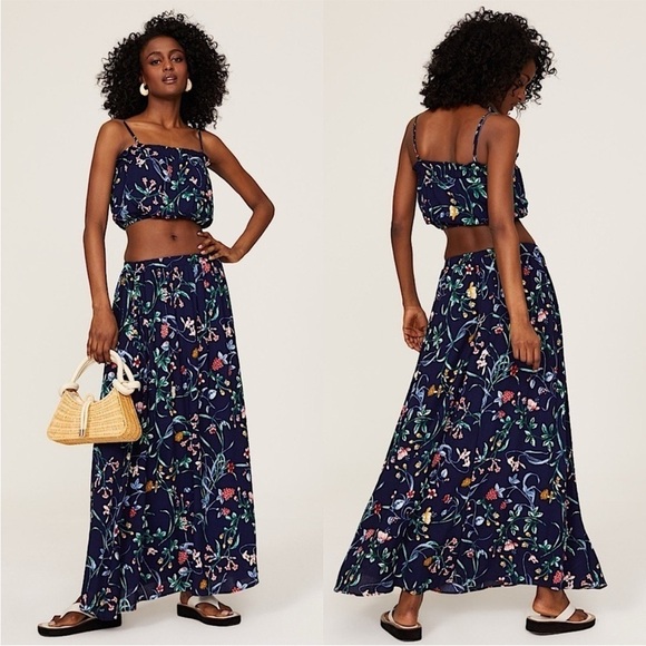 SLATE & WILLOW 90s Navy Blue Floral Lightweight Crepe A-Line Flowy Maxi Skirt L - Picture 1 of 7